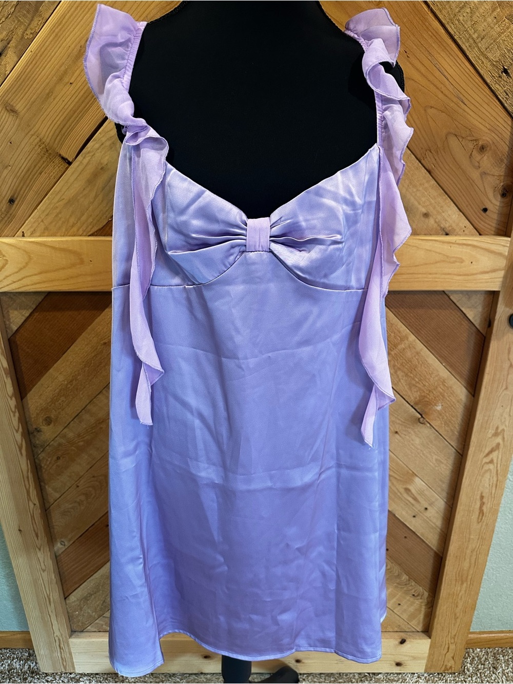 Beginning Boutique Lilac Satin Chemise with Bow and Ruffle Straps